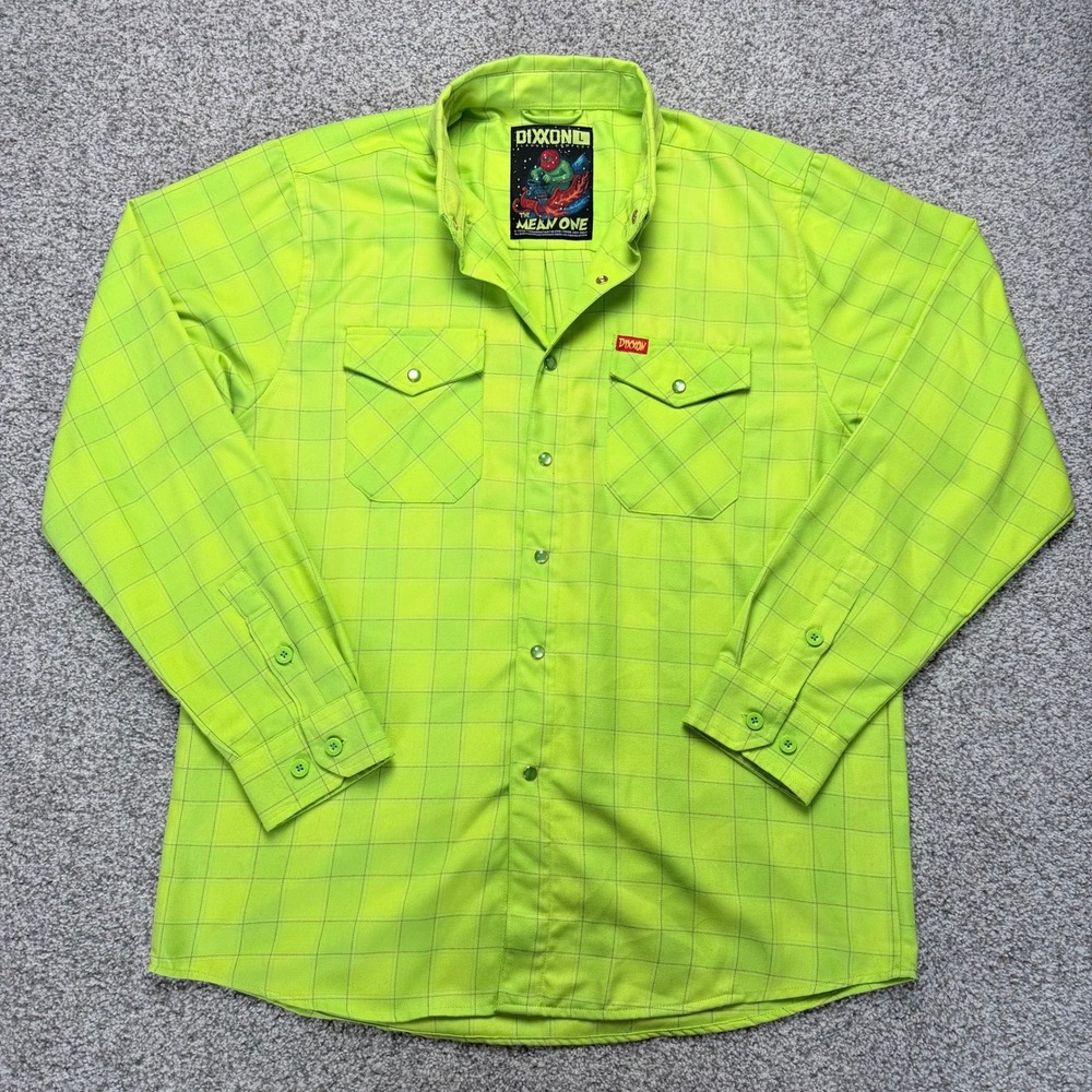 Dixxon The Mean One Flannel Shirt Men's L Lime Green Plaid Snap Front